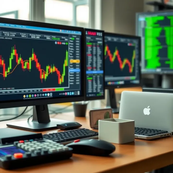 Essential Tools and Resources for Trading Beginners Collection of essential trading tools including computer, graphs, and financial data