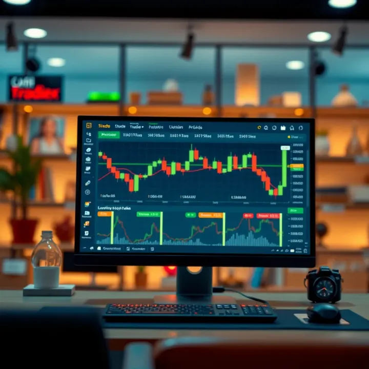 Illustration of a computer screen displaying an online trading course interface with charts and learning modules