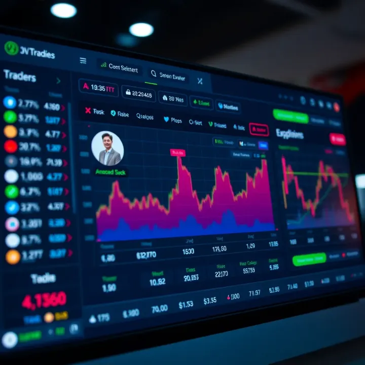 Trading Platform Interface with Trader Selection and Risk Controls Dashboard of a trading platform displaying trader profiles and risk management options