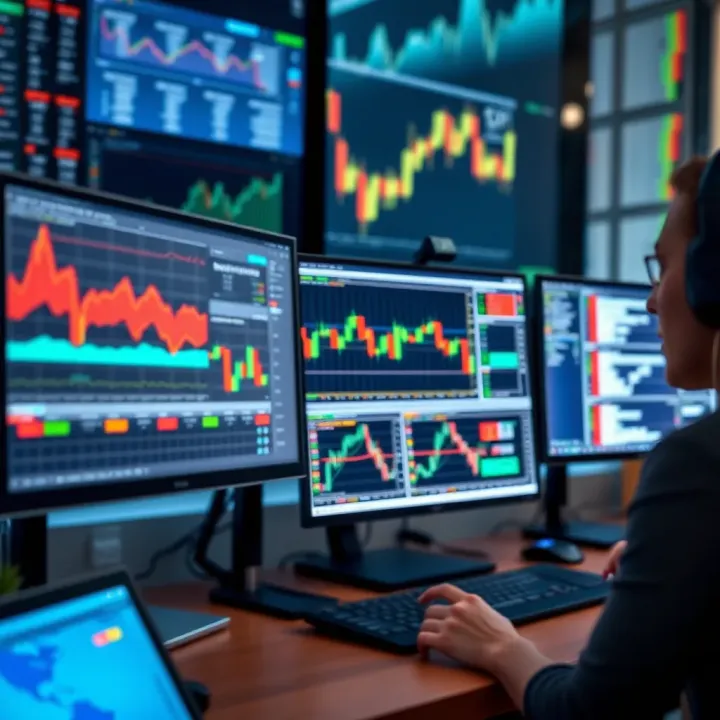 Desktop setup with multiple monitors displaying financial data and trading software