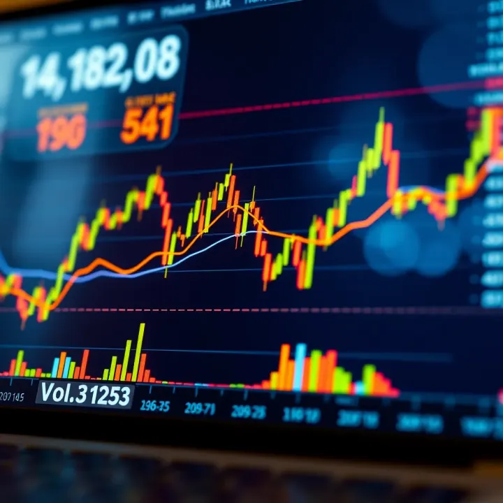 Chart showing financial market trends with candlestick patterns and volume indicators